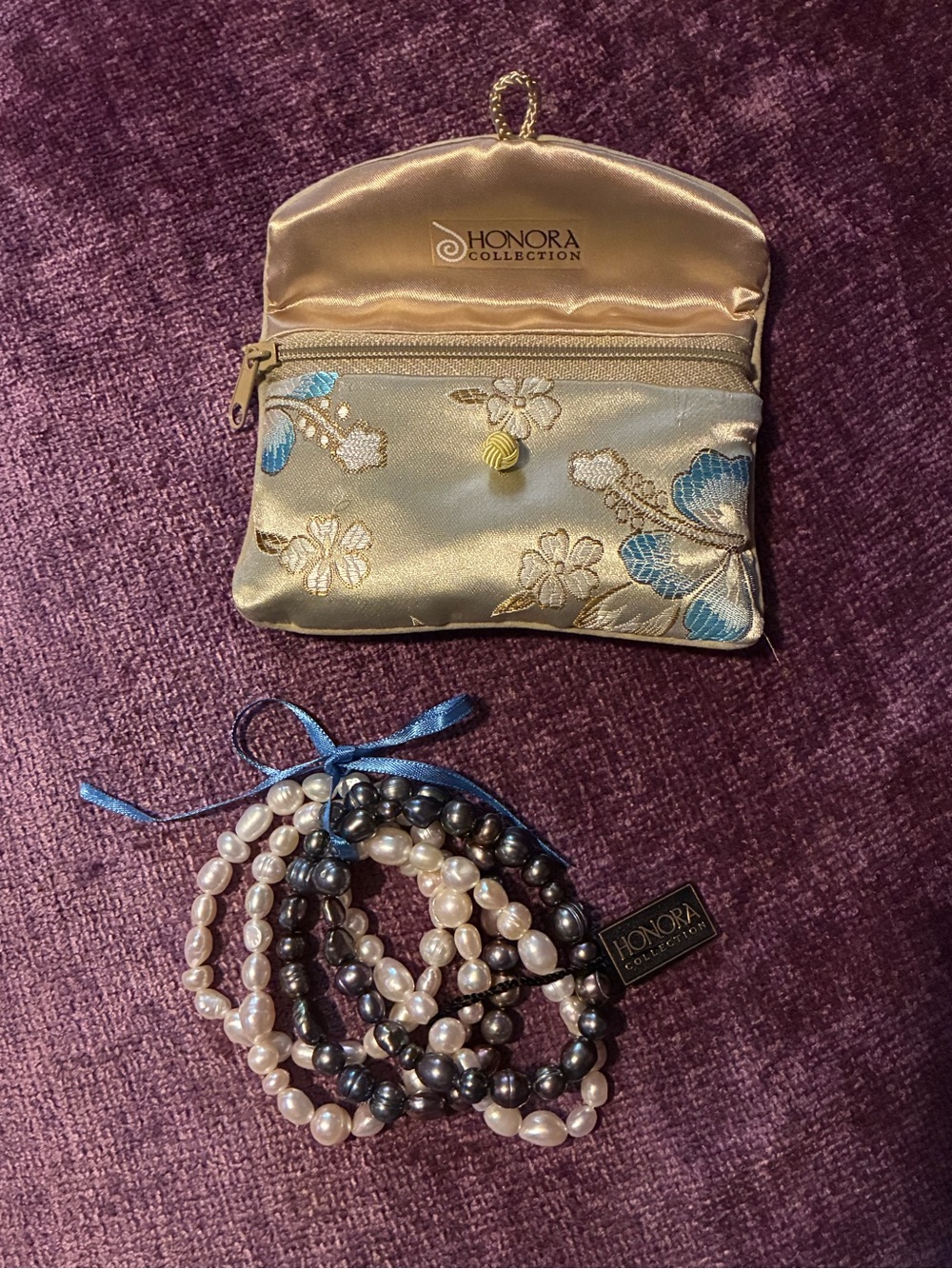 Honora Set of 5 Freshwater Pearl Bracelets w/ Gold Floral Satin Jewelry Pouch